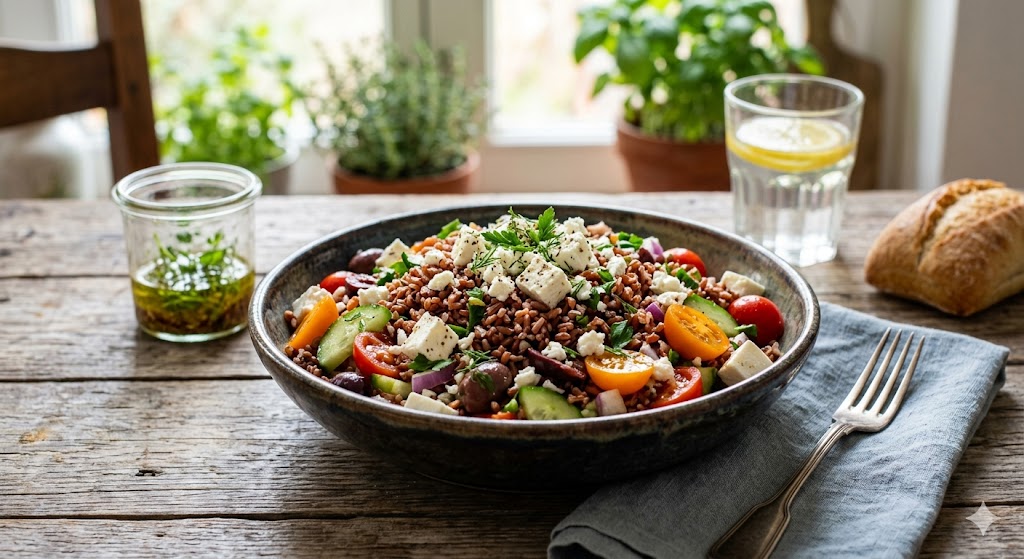 O Poder do Arroz Vermelho: O Superalimento Ancestral da Sua Saúde e Longevidade em Alimentação Salada Fria de Arroz Vermelho e Queijo Feta
