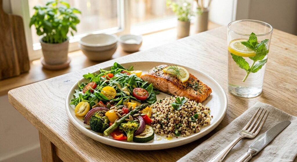Salmão grelhado com limão, quinoa e salada de legumes variados, acompanhado por um copo de água com limão e hortelã