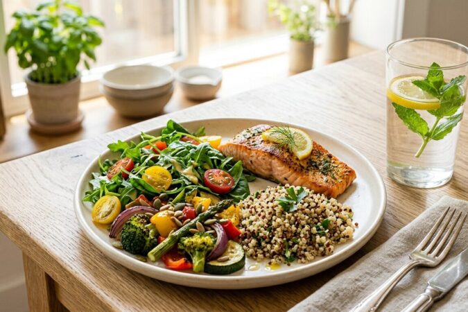 Salmão grelhado com limão, quinoa e salada de legumes variados, acompanhado por um copo de água com limão e hortelã