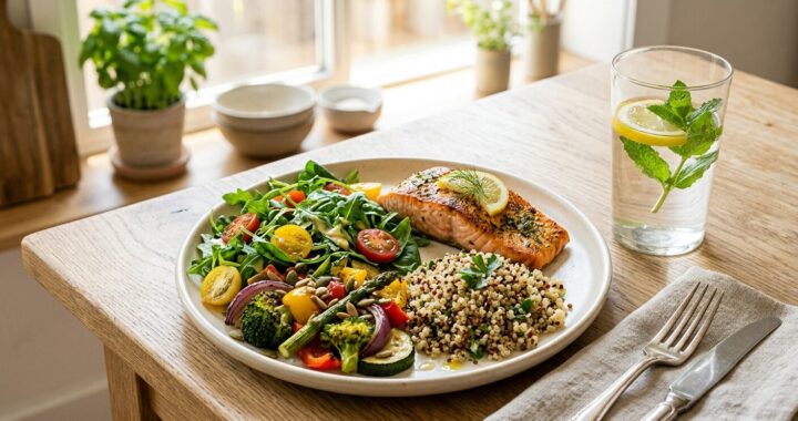 Salmão grelhado com limão, quinoa e salada de legumes variados, acompanhado por um copo de água com limão e hortelã