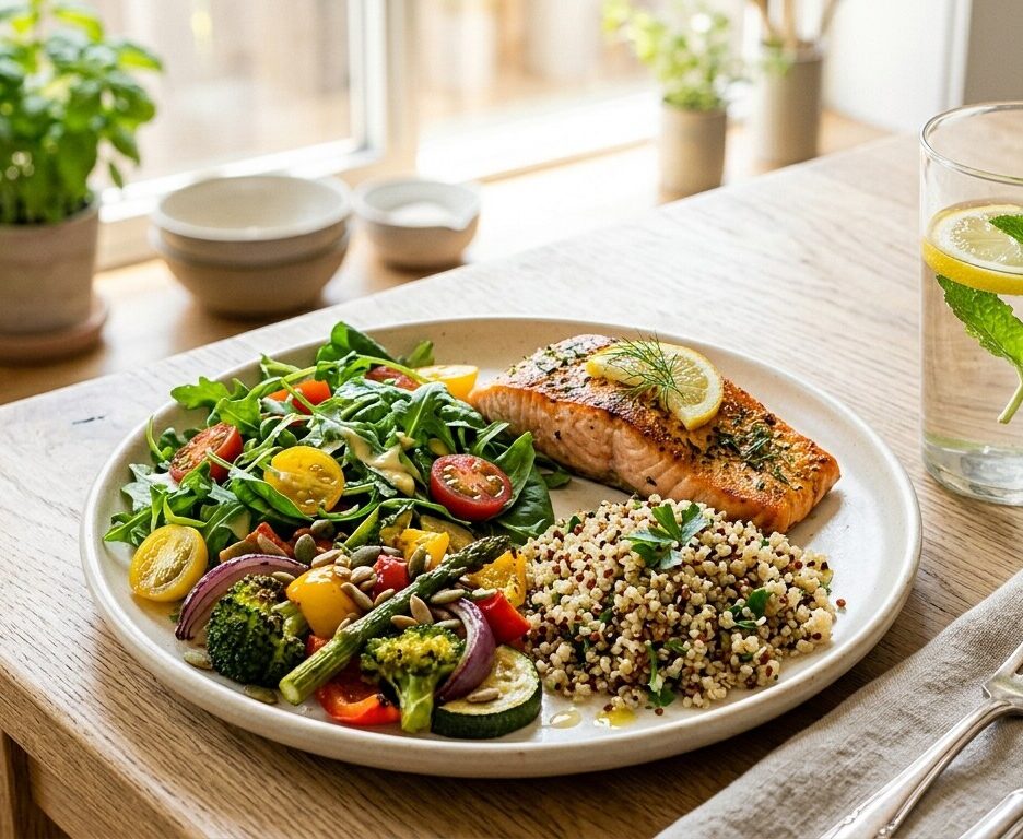 Salmão grelhado com limão, quinoa e salada de legumes variados, acompanhado por um copo de água com limão e hortelã