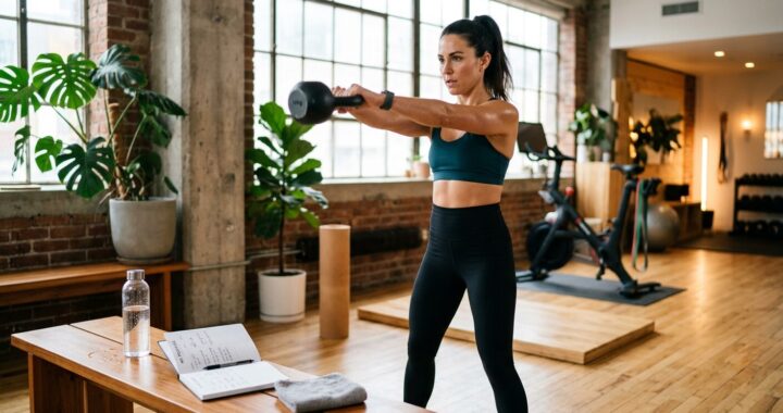Mulher a realizar um balanço de kettlebell num ginásio doméstico bem iluminado com plantas