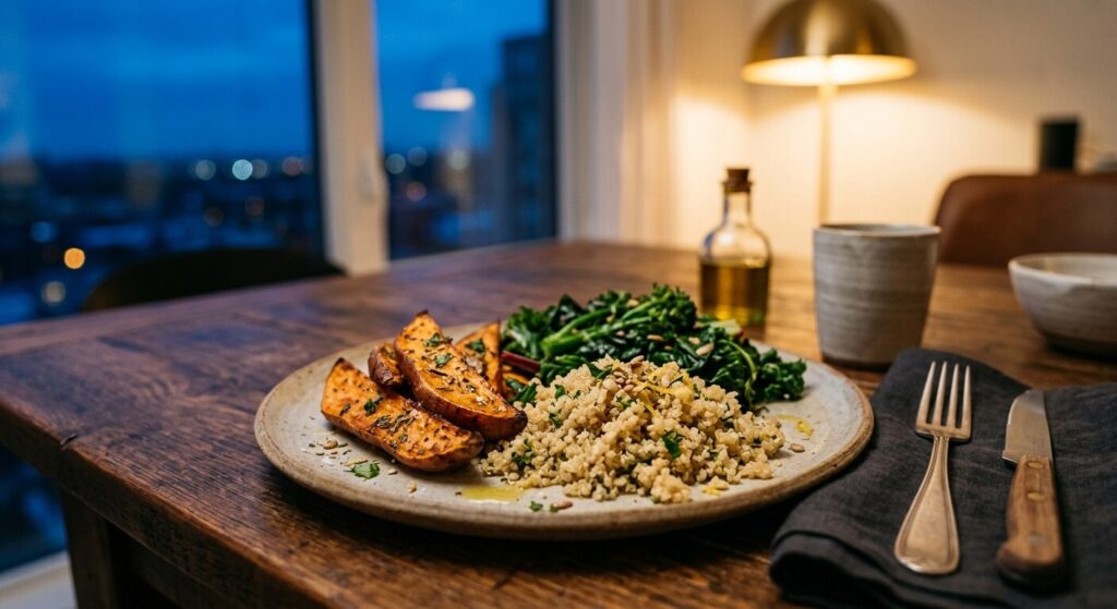 Prato com fatias de batata-doce assada, quinoa e vegetais verdes numa mesa de madeira