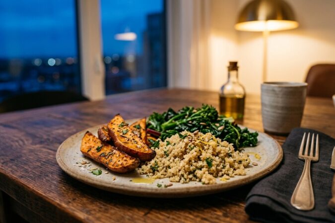 Prato com fatias de batata-doce assada, quinoa e vegetais verdes numa mesa de madeira