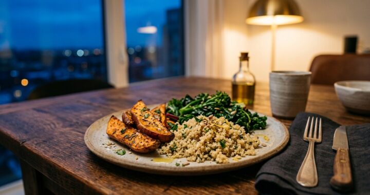 Prato com fatias de batata-doce assada, quinoa e vegetais verdes numa mesa de madeira