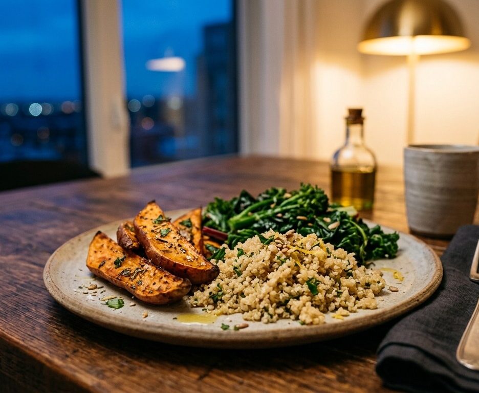 Prato com fatias de batata-doce assada, quinoa e vegetais verdes numa mesa de madeira