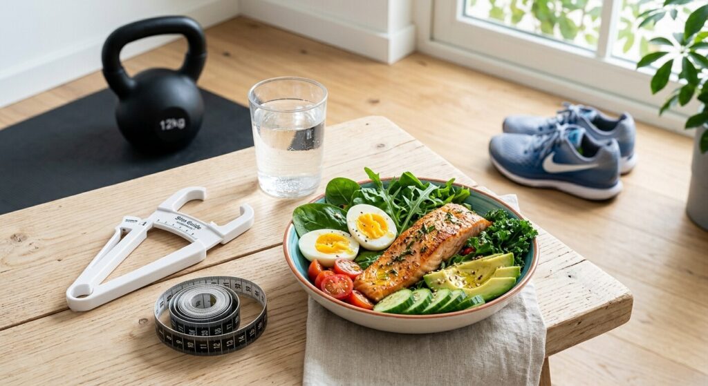 Salada de salmão, água, fita métrica e adipómetro numa mesa, com kettlebell e sapatilhas de corrida ao fundo