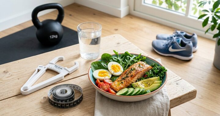 Salada de salmão, água, fita métrica e adipómetro numa mesa, com kettlebell e sapatilhas de corrida ao fundo