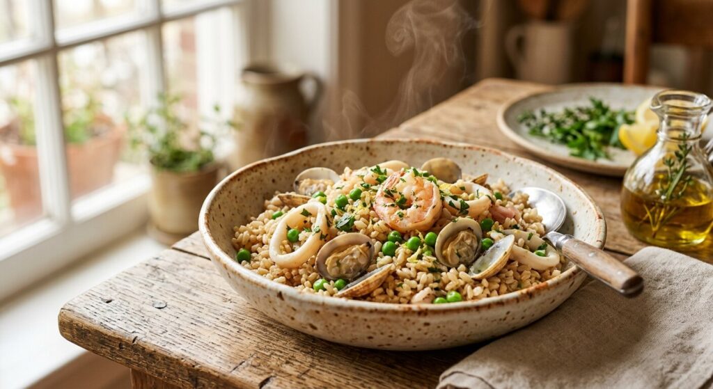 Uma taça fumegante de arroz de marisco com camarão, amêijoas, lulas e ervilhas numa mesa de madeira rústica