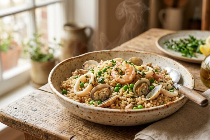 Uma taça fumegante de arroz de marisco com camarão, amêijoas, lulas e ervilhas numa mesa de madeira rústica
